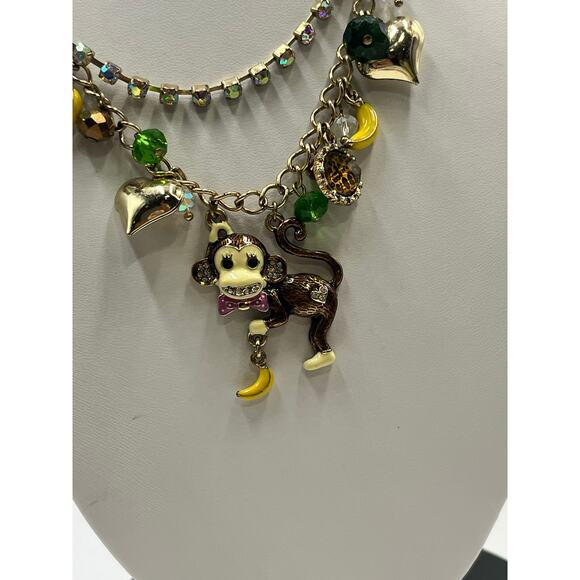 Betsey Johnson Two Strand Jungle Fever Enameled Monkey Crystal Charm Necklace - Picture 10 of 12